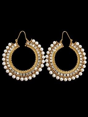 Gold Tone Oversized Faux Pearls Clear Rhinestone Hoop Pierced Runway Earrings